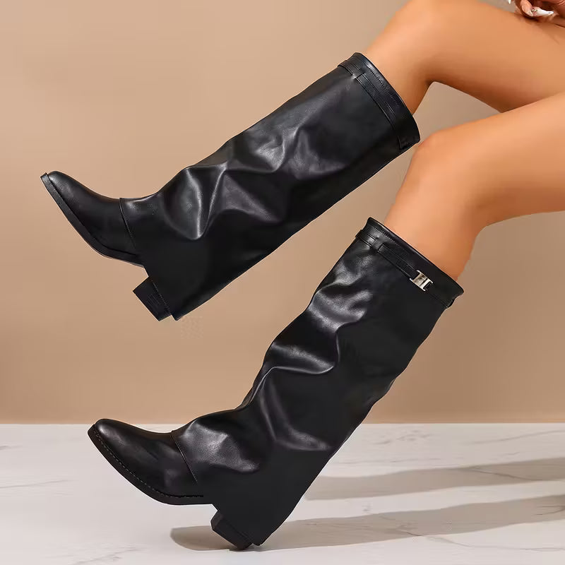 Botas de Mujer de Estilo Francés con Tacón Medio Grueso
